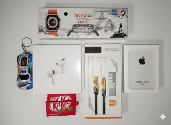 6-in-1 Premium Gadget Combo – Smartwatch, Air Pro 2, Magsafe 4 in 1 Fast Charging Cable, Silicon Cover & Styles Keychain